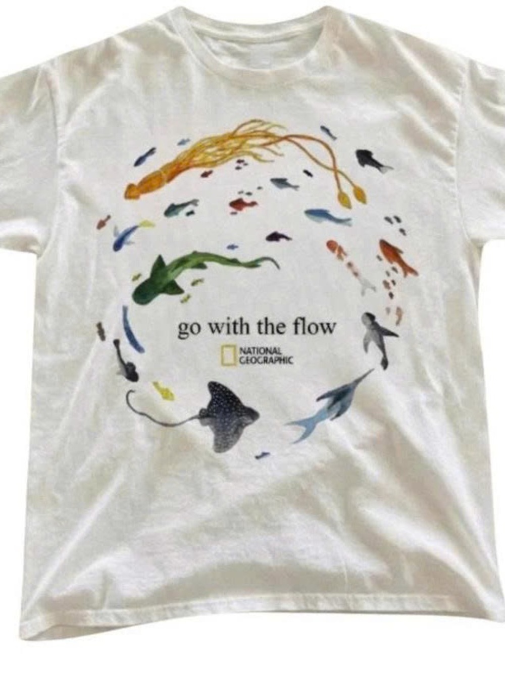 White Short Sleeve Tee with Colorful Marine Life Graphic